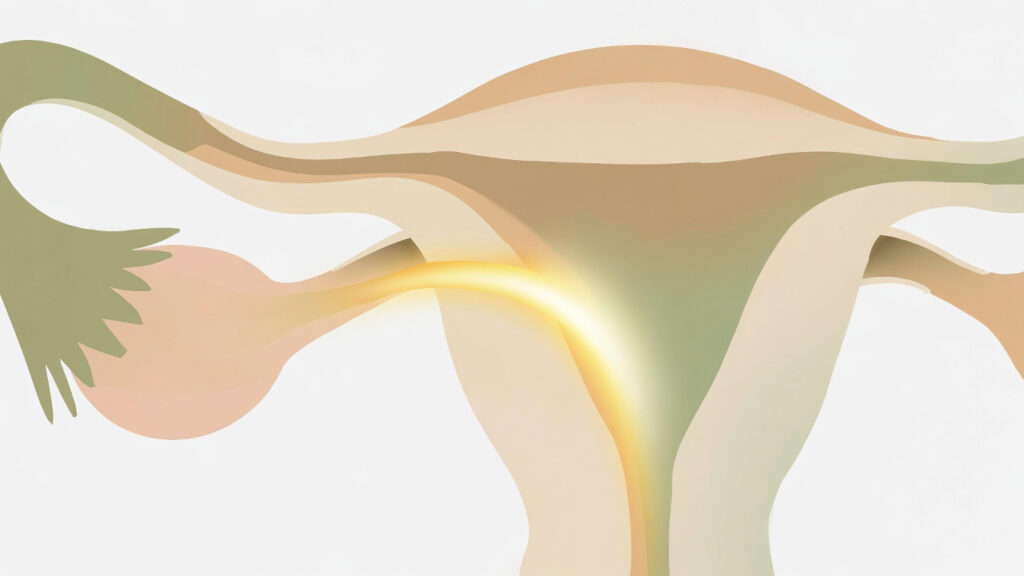 BLOCKED TUBE A soft medical illustration of fallopian tubes with a gentle glowing path showing unblocking and flow restoration, soft illustrated medical icon, warm earthy tones, cream and green color palette, clean minimalist style, no text, professional wellness clinic aesthetic, flat art illustration, white background