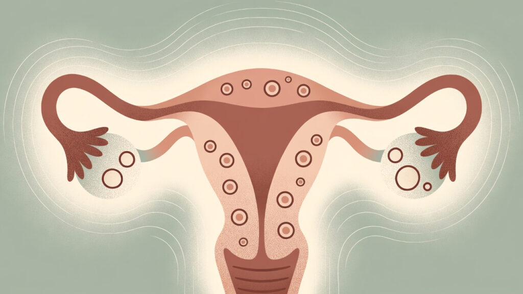 image of PCOS A calm illustration of polycystic ovaries with soft circular cysts and healing energy, soft illustrated medical icon, warm earthy tones, cream and green color palette, clean minimalist style, no text, professional wellness clinic aesthetic, flat art illustration, white background