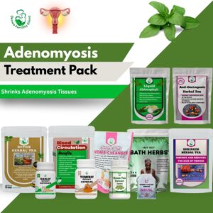 Adenomyosis remedy set with liquid chlorophyll, anti-oestrogenic tea, detox tea, turmeric capsules, womb cleanser and bath herbs for natural adenomyosis treatment
